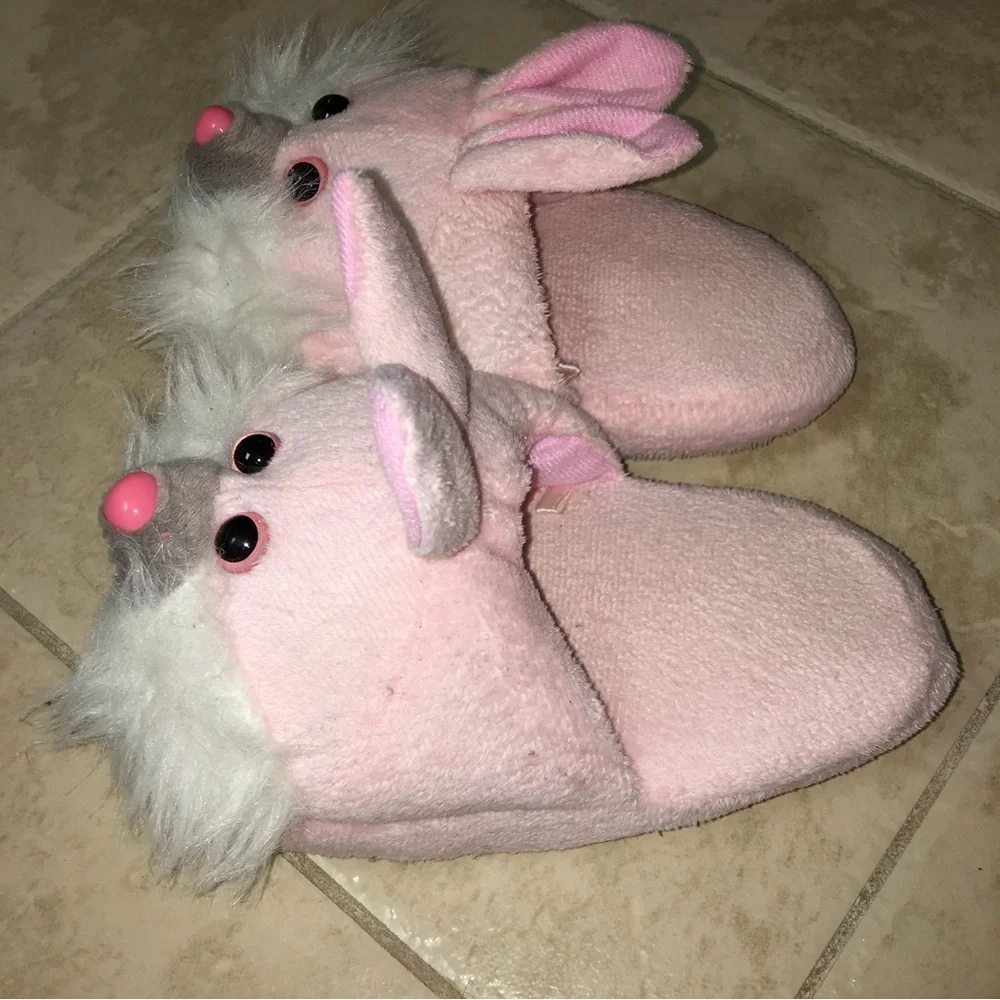 Pink bunny slippers with fur and cute eyes Child slippers, 7 inches long